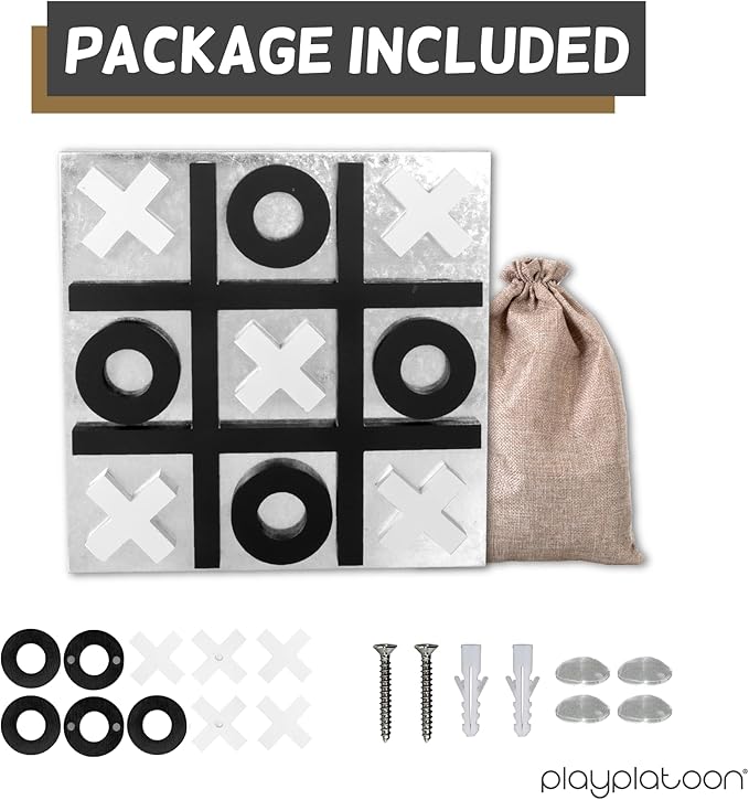 Play Platoon Magnetic Tic Tac Toe Game - Large Metal and Wooden Wall Mounted Board Games - 13.5 Inch Table Top or Wall Mounted Farmhouse Rustic for Game Room - Black & White