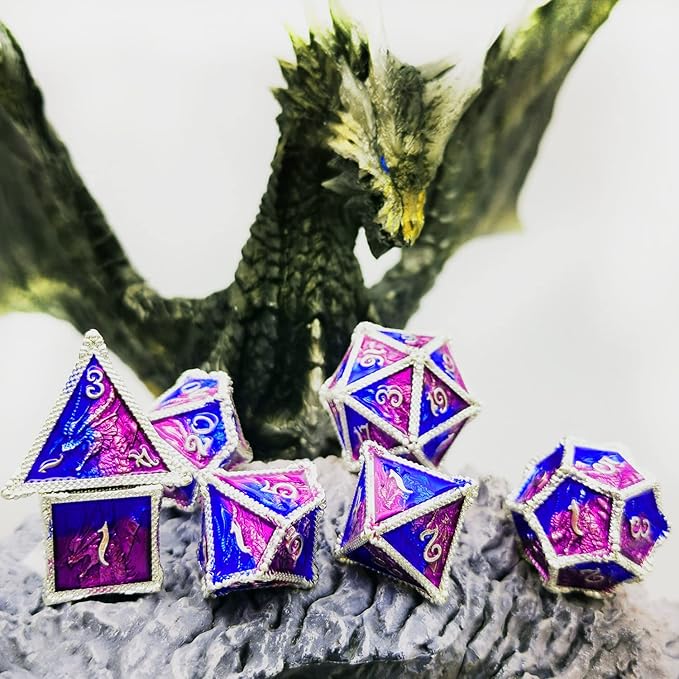 HAOMEJA DND Dice Metal Dragon Set Dice 7 Role Playing Dice D&D Solid Dice Dungeons and Dragons (Silver Blue Purple)