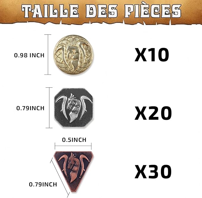 Byhoo 60 PCS DND Coins, Gold, Silver and Copper Coins in Metal Coins, Fantasy Coins for Board Games, Fake Coins for Games Tokens, Role-Playing Coins of Dungeons and Dragons