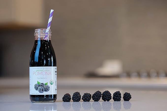 Pomona Organic Blackberry Juice (Pack Of 12), Cold Pressed USDA Organic Juices, 100% Blackberries, No Added Sugar, Not From Concentrate, Vegan, Kosher, Non GMO, Pasteurized, 8.4 Oz Glass Bottles