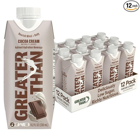 Greater Than Nutrient Hydration Beverage, Electrolyte Drink for Gut Health & Energy with Coconut Water, Vitamins, Gluten Free, Plant Based, Low Sugar, Cocoa Cream, 12 Pack