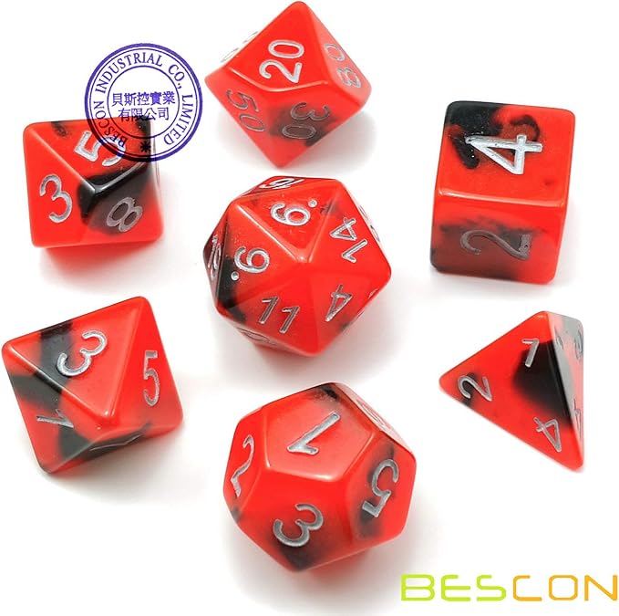 Bescon Two-Tone Glow-in-The-Dark Polyhedral Dice Set HOT Rocks, Luminous RPG Dice Set d4 d6 d8 d10 d12 d20 d% Brick Box Pack