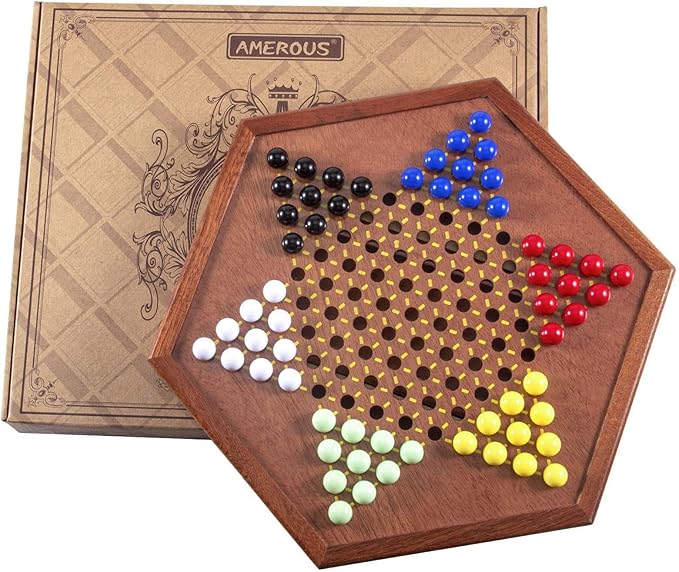 AMEROUS 12.5 inches Wooden Chinese Checkers Set with Storage Drawer - 60 Acrylic Marbles in 6 Colors - 12 Bonus Spare Marbles, Classic Strategy Family Board Game for Kids and Adults