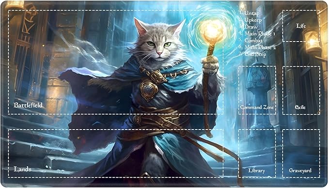 Playmat with Zones for MTG Card Game Playing, Game Mats Tabletop Magic Play Mats 24"x14" Commander Deck Gaming Desk Duel Mat Card Gameplay Mats for Beginner, Cat Wizard Casting Spell