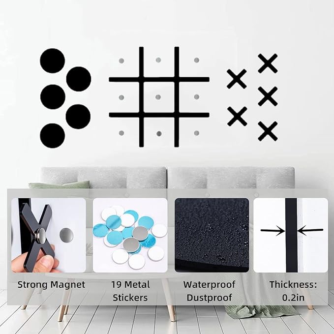 Magnetic Tic Tac Toe Wall-Mount Game,Game Room Decor,Hallway Decor,Playroom Decor,Modern Wall Decals for Kids Room,Classroom&Offices,Best Gift for Family, Friends (Black)