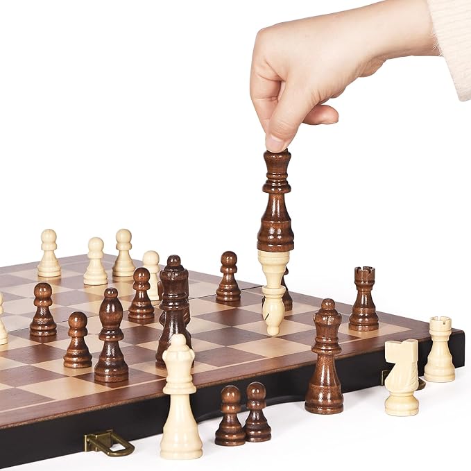 Magnetic Wooden Chess Set 15" Unique Chess Board Game with Chess Pieces Storage Slots, Tournament Portable Folding Travel Chess Sets for Kids Adults Beginner and Pros, 2 Extra Queens
