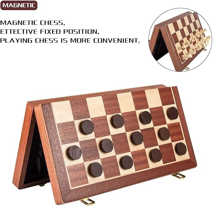 AMEROUS 15 Inches Magnetic Wooden Chess & Checkers Set (2 in 1) - Folding Board -Gift Box Packed -24 Cherkers Pieces -2 Extra Queens, Beginner Chess Set for Kids and Adults