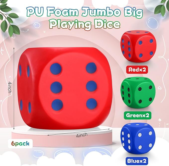 6 Pcs 4" Large Foam Dice Giant Cube with 6 Sided Number Dots Jumbo Soft Slow Big PU Foam Stress Ball for Party Game Math Learning Props Stress Relief Gifts(Colorful)