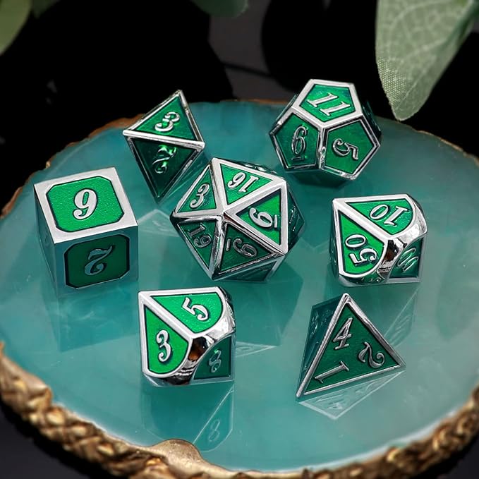 Haxtec 7 Die Metal DND Dice Set Green Elven Goblin D&D Dice Set for Dungeons and Dragons RPG Gaming-Silver Emerald Green Elvish Dice