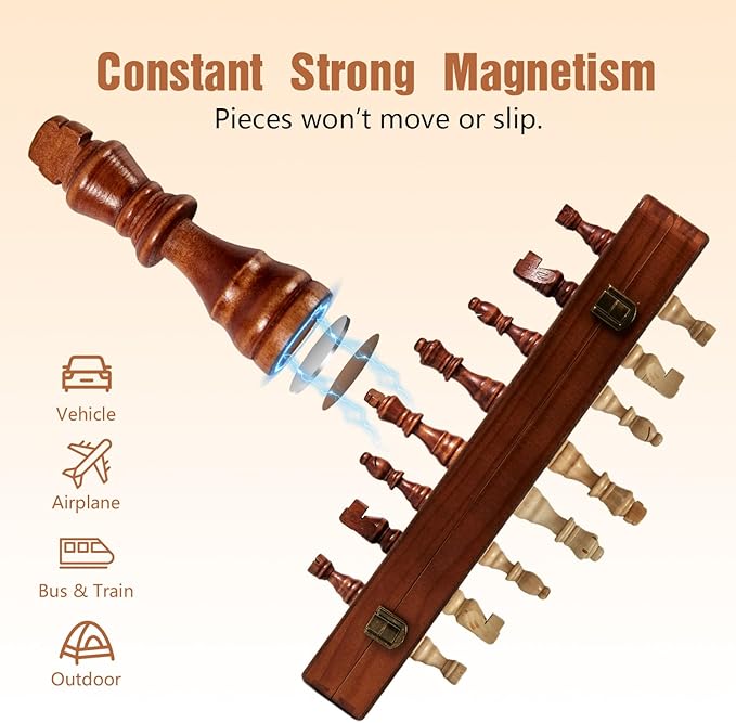 MerryPony Wooden Chess Set for Adults & Kids, 15" Foldable Wooden Chess Board with 2 Extra Queens, 2 in 1 Chess and Checkers Set, Travel Magnetic Chess Game Set, Beginner Chess Set for Kids