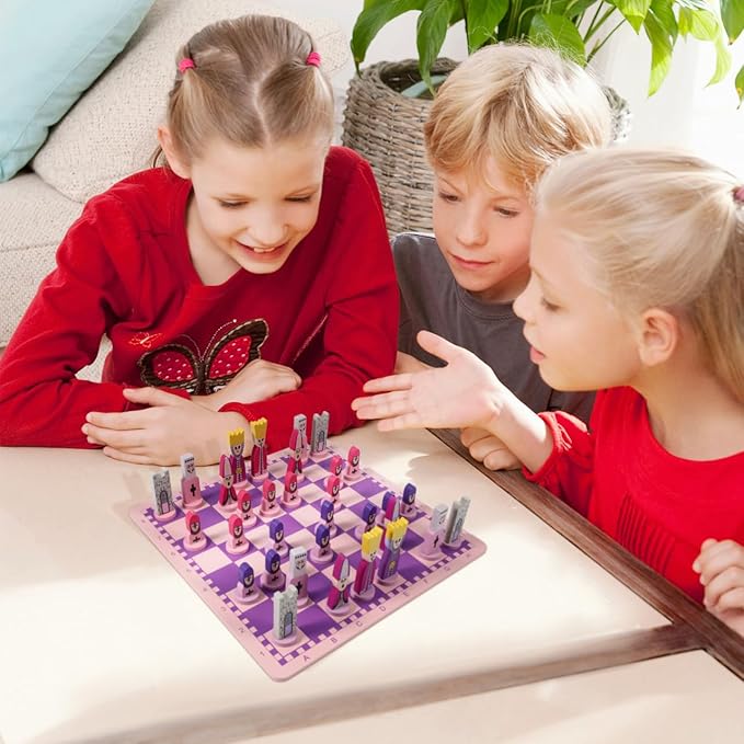 TOYANDONA Wooden Chess Set, 11.8 inch Cartoon Travel Chess Set Pink Chess Board Game Set with Cute Chess Pieces for Kids and Adults