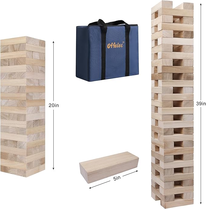 Tumbling Tower Blocks Games,Large Wooden Blocks Stacking Game for Kids Adults Family Classic Stacking Board Games for Indoor Outdoor Backyard Lawn Stack to Over 3.2Ft- 60pcs with Carrying Bag