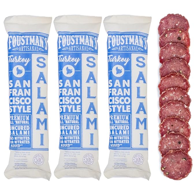 Foustman's Salami Turkey San Francisco Style Salami, Artisanal Turkey Salami, Authentic Flavor for Versatile Snacking and Keto Diets, Gluten-Free, Dairy-Free, Nitrate-Free, Pack of 3, 8 Oz Sticks Each