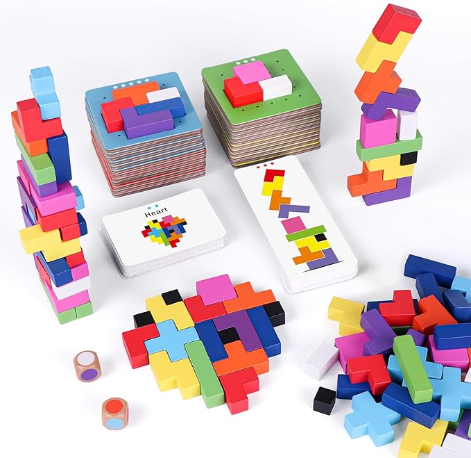 Wooden Block Game 120Pcs Fast-Paced Stacking Building Block Game Challenging Board Games for Kids 1 to 6 Players Color Block Puzzles Party Games for Ages 4+