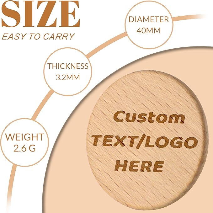 30-1000 Custom Wooden Tokens, 1.5 Inch Personalized Drink Tokens, Engraved with Your Logo/Text or Image on a Wood Chip, Good for Bar, Party, Weddings, Corporate Events, Promotions