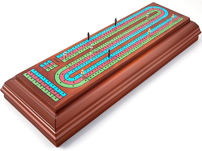 Wooden Cribbage Board Game Set with Large Storage Area,9 Metal Pegs & 2 Playing Cards Continuous Solid Wood 3 Track Board Travel Portable Cards Games for Adults Family