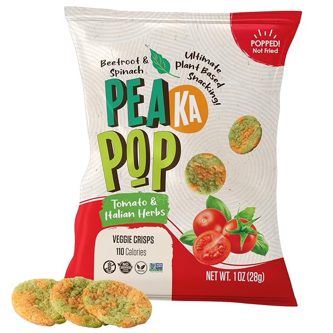 PeaKaPop Veggie Chips – Plant-Based, Healthy Veggie Crisps with Pea, Lentil & Chickpea Protein – Vegan, Gluten-Free, Popped Chips – Snack Size for Kids & Adults – 1 oz Bags (15-Pack) – Tomato & Italian Herbs