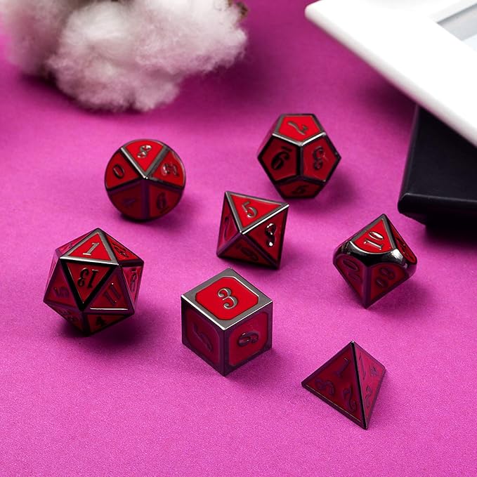 DnDnD Red D&D Game Dice,7 Die Polyhedral Metal Dice with Gift Metal Tin for RPG DND Dungeons and Dragons Dice Collector Board Game Player
