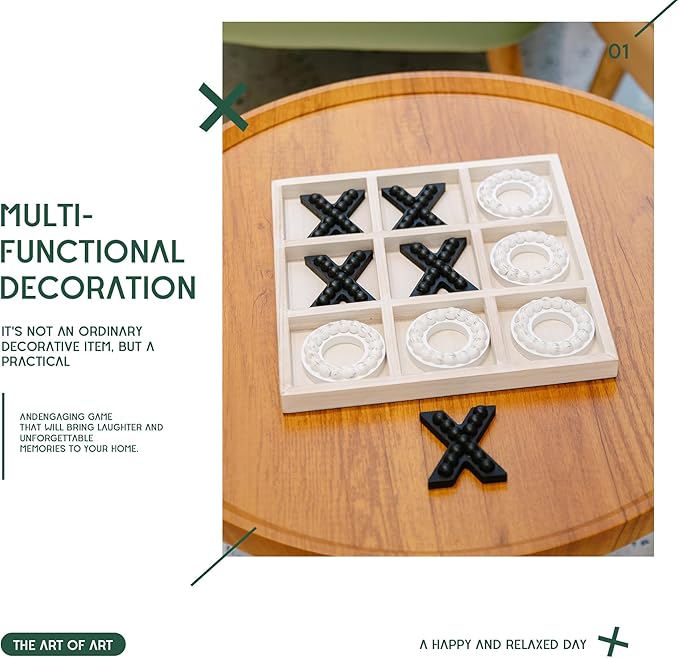 GENMOUS Wooden Tic Tac Toe Game Board for Seniors Family Indoor Game, 10.6 Inch White Rustic Giant Tic Tac Toe Coffee Table Decor, Tic Tac Toe Board Game Fun for Family Travel Outdoor Game Room Decor