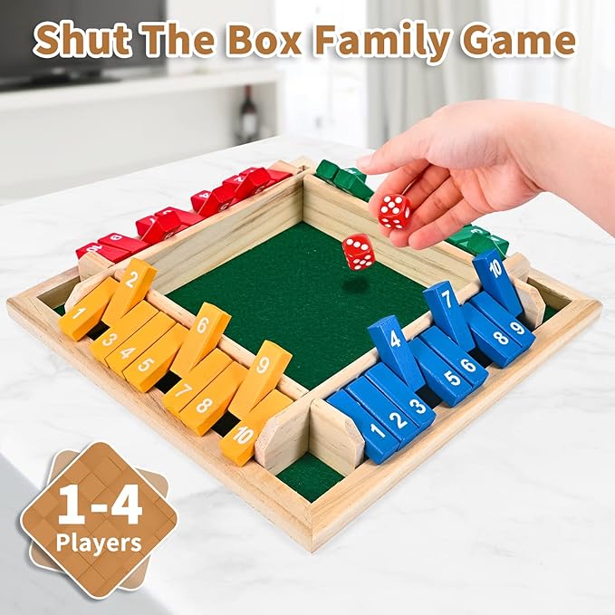 1-4 Players Shut The Box Dice Game, 10 Numbers Traditional Wooden Pub Bar Board Family Table Mat Game Dice for Kids and Adults