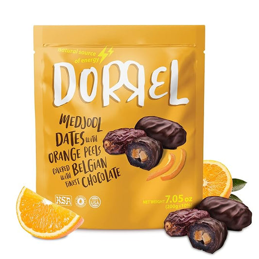 Dorrel Belgian Dark Chocolate Covered Medjool Dates Stuffed with candied orange peel, High-Energy Source, Nutritious and Sweet Snacks, Non-GMO, Kosher, 1 Pack
