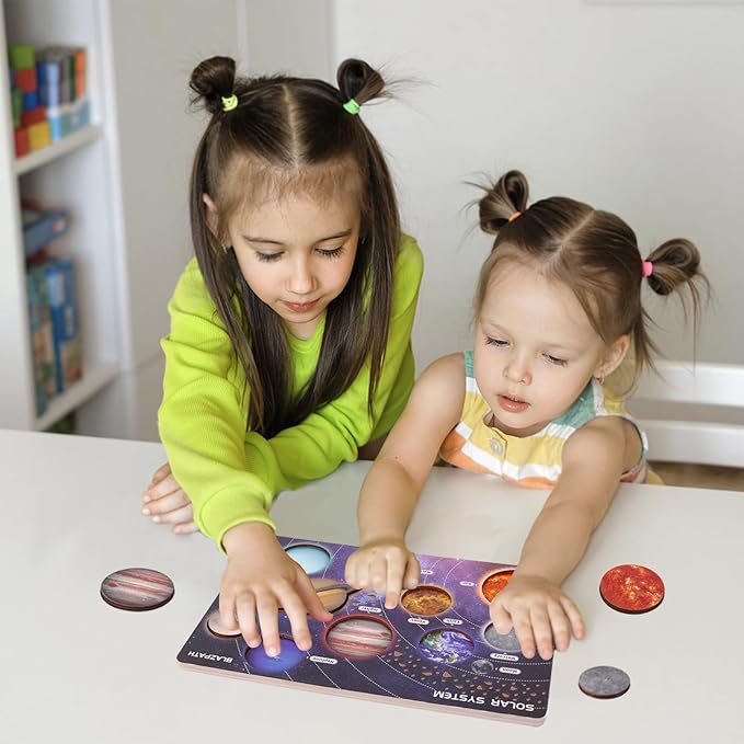 Solar System Wooden Puzzle Toy Model for Kid 3-5, Toddler Montessori Movable Planet Name Board Game, Outer Space Themed Imaginary Sensory Play Gift, Preschool Science Stem Learning Activity