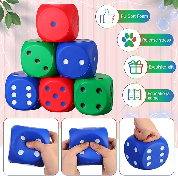6 Pcs 4" Large Foam Dice Giant Cube with 6 Sided Number Dots Jumbo Soft Slow Big PU Foam Stress Ball for Party Game Math Learning Props Stress Relief Gifts(Colorful)