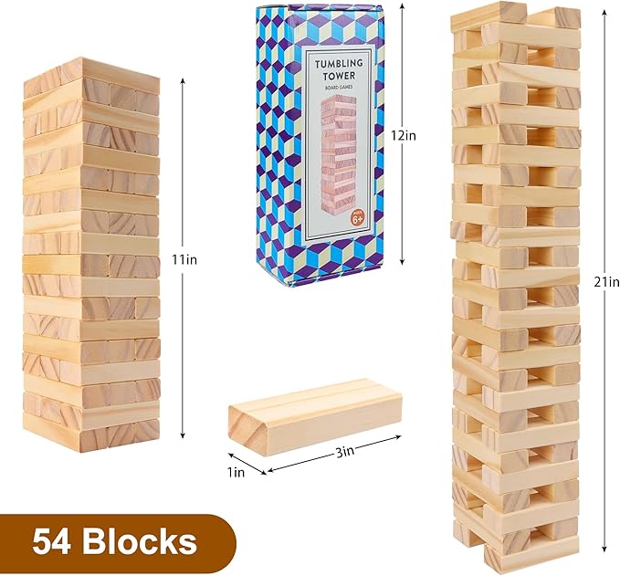 Wooden Stacking Blocks Game - 54 pcs Tumbling Tower Set for Kids & Adults, Family Board Games Indoor/Outdoor, Educational STEM Toy with Natural Wood Blocks, Portable Stacking Toys Party Games