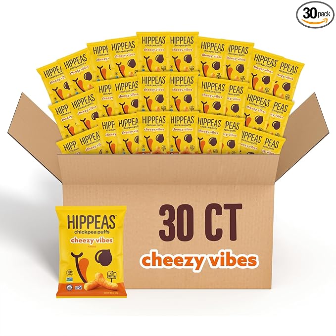Hippeas Chickpea Puffs, Cheezy Vibes, 0.8 Ounce (Pack of 30), 3g Protein, 2g Fiber, Vegan, Gluten-Free, Crunchy, Plant Protein Snacks