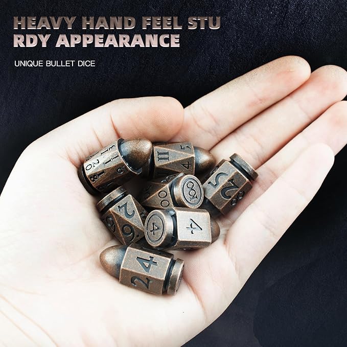 Bullet Brass Dice for Dungeons and Dragons - Solid Metal Polyhedral D&D Dice Set for MTG, RPG, Tabletop Games, Warhammer 40K, Shadowrun