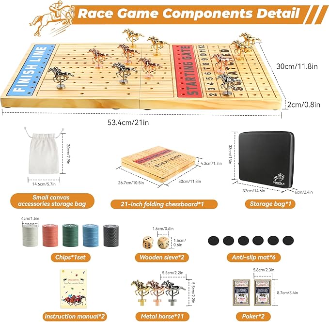 Horse Race Board Game 21" Large Horse Racing Game with 11 Luxury Metal Horses, Foldable Wood Chess Board with Storage Bag, 2 Wood Dice, Chips Set, Playing Guide for Family Friends Party Games