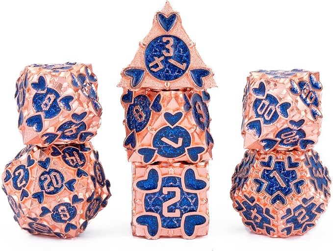 DND Metal Dice 7pcs D&D Dice Set Box Suitable for Dungeons and Dragons MTR PRG Tabletop Games (Champagne-Blue)
