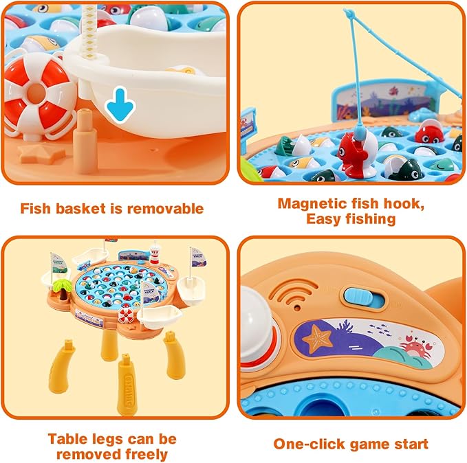 Ark miido Fishing Game Toy Set - 45 Fish, 4 Poles, Rotating Board with Legs On-Off Music Switch Family Board Game Multiplayer Game Toy for Kids Boys and Girls Age 3+