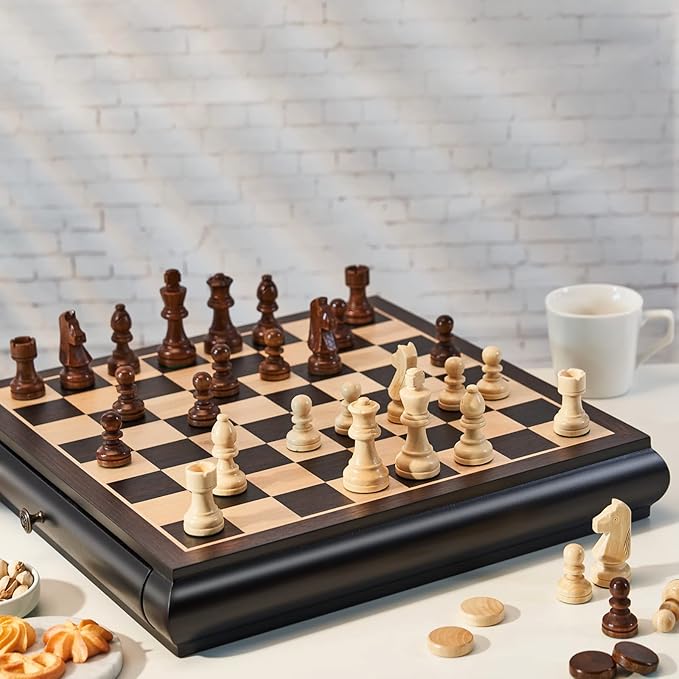 VAMSLOVE Wooden Chess Checkers Game Set 15.5" Large Size Board w/Storage Drawers, Weighted Chess Pieces - 2 Extra Queens 3" King, Gift for Birthday Housewarming Retirement - Black