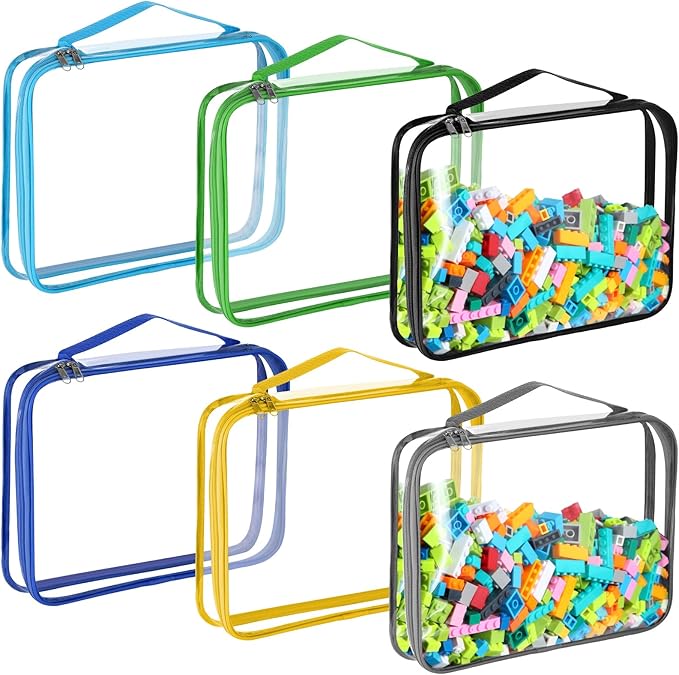 Sanwuta 6 Packs Toy Storage Bags, PVC Organizing Case Bags with Zipper, Waterproof Toy Container for Board Games, Building Blocks, Puzzles, Small Toys and Kids Books(Large,Simple Colors)