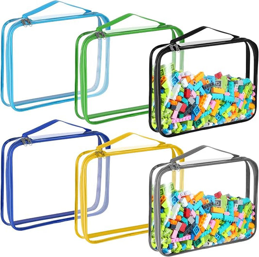 Sanwuta 6 Packs Toy Storage Bags, PVC Organizing Case Bags with Zipper, Waterproof Toy Container for Board Games, Building Blocks, Puzzles, Small Toys and Kids Books(Large,Simple Colors)