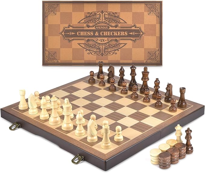 AMEROUS Magnetic Wooden Chess and Checkers Game Set, 15 Inches (2 in 1) Chess Board Games, 2 Extra Queens - Gift Package - Game Pieces Storage Slots, Beginner Chess Set for Kids, Adults