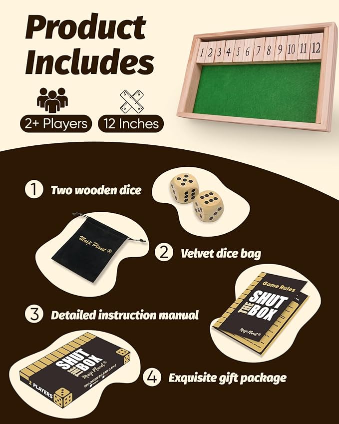 Shut The Box for 1 2 More Player Math Family Game Night Quick Dice Game for Party Camp Bar Travel Class School Wooden Classic Table Top Board Game Adult Kid Couple Elder 12" 12 Numbers