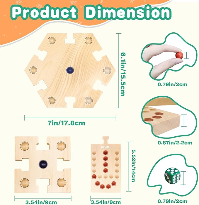 JEVERGN Marble Board Game Set, Portable Fast Track Game, Wooden Board Games for 2-6 Players, with 36 Marbles and 12 Dice (6 Colors) for Family Friends, Party Game Night