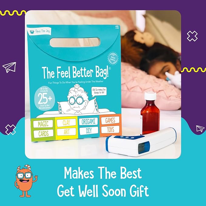 Open The Joy Feel Better Bag: Kids' Get Well Soon Gift Basket with 25+ Fun Activities - Playing Cards, Origami, Games, Clay Art, Magic Tricks - Ideal Gift for Kids Recovering from Surgery - Ages 4+