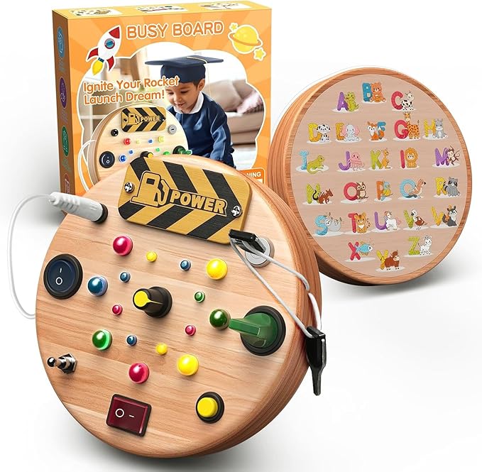 Busy Board, Montessori Toys for 1-6 Year Old, Toddler Switch Board Wooden Sensory LED Light Up Toys with Shape Sorter