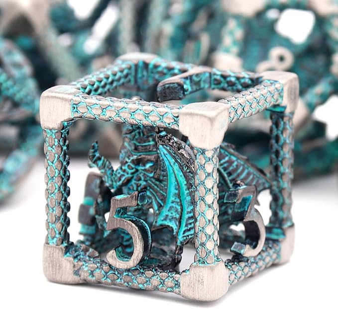 D&D Hollow Metal Polyhedral Dice Set for RPG and Tabletop Games - 3D Silver Blue