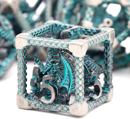 D&D Hollow Metal Polyhedral Dice Set for RPG and Tabletop Games - 3D Silver Blue