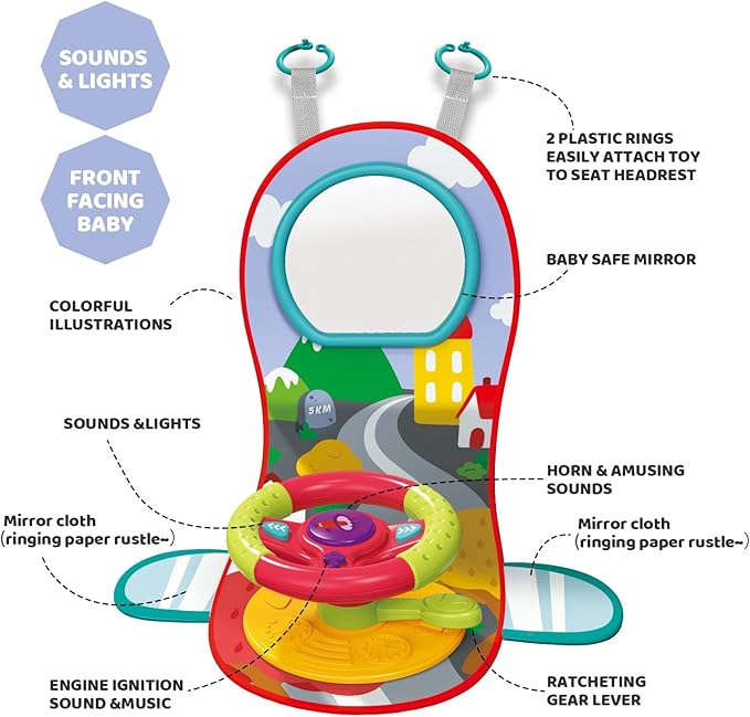 Happytime Travel Baby Toys, Interactive Dashboard Steering Wheel Pretend Play Driving Toy, Rear Car Seat Toys with Mirror 2-in-1 Baby Stroller Toy.