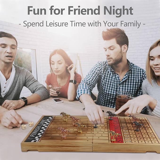 Wooden Finish Line Horse Racing Board Game Equipped with 11 Luxury Metal Craft Horses Adult Chessboard Including 2 Dice and 2 Boxes of Cards Folding Box Game Board (Light Flame)