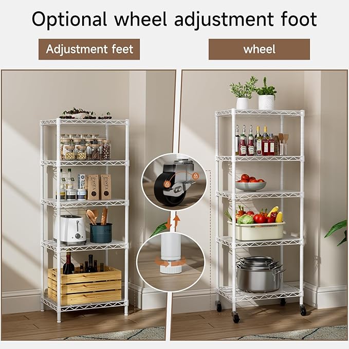 Small 5 Tier Shelves Storage Wire Shelving Unit Metal Shelf Adjustable Organizers Storage Shelving with Wheels for Bathroom Laundry Room Kitchen Pantry12”D x 18”W x 57.2”H White