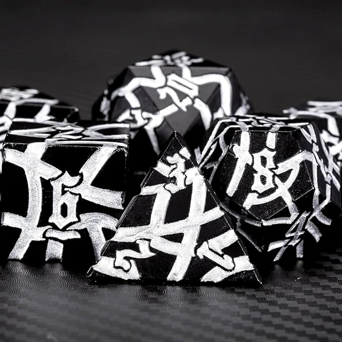 D&D Stripe Dice Set,Black Metal Dungeons and Dragons Dice Set with Box, Crack Polyhedral Dice for RPG Board Games (Matte Black Silver)
