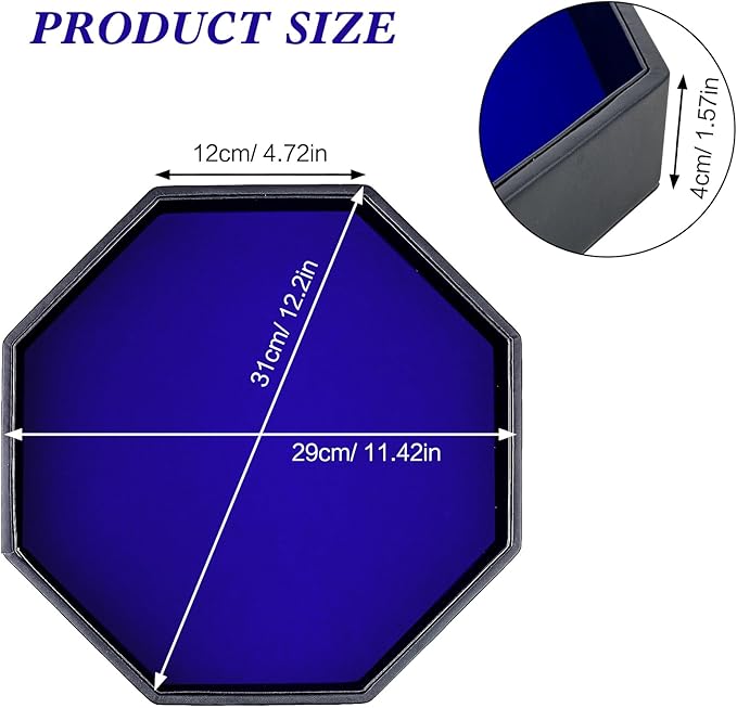 Dice Rolling Tray, Blue Felt Lined PU Leather Octagon Dice Tray for Dungeon Crawler Games