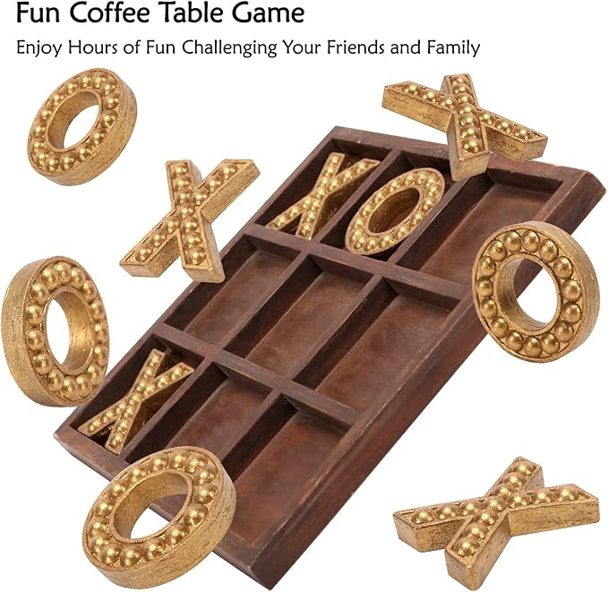 NIKKY HOME Tic Tac Toe Game Coffee Table Decor, 10.6 Inch Rustic Wooden Board, Gold