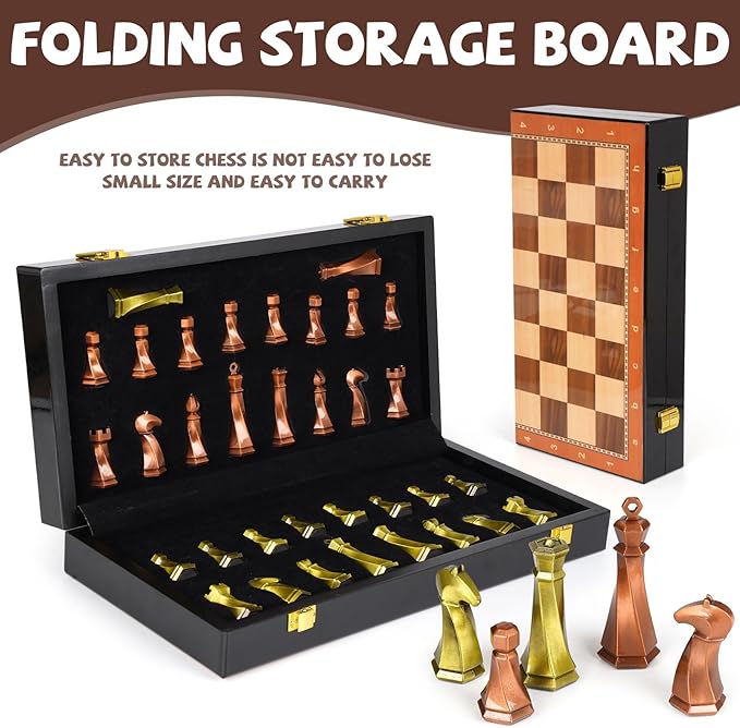 Large Metal Chess Set for Adults – 15" Wooden Chess Board with Metal Chess Pieces Travel Chess Sets with Metal Chessmen – Collectible Elegant Chess Game – Family Vintage Board Game